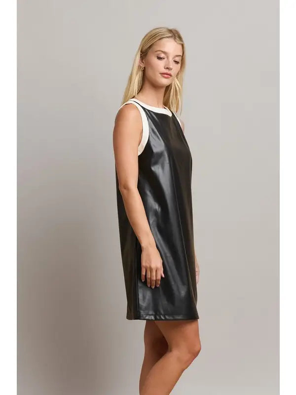 Contrast Trim Vegan Leather Shift Dress - The Season Boutique