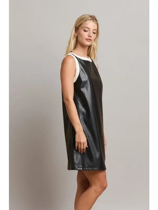 Contrast Trim Vegan Leather Shift Dress - The Season Boutique