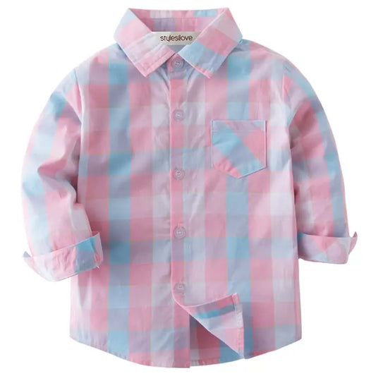 Pink Blue Plaid Boy Cotton Button-Shirt