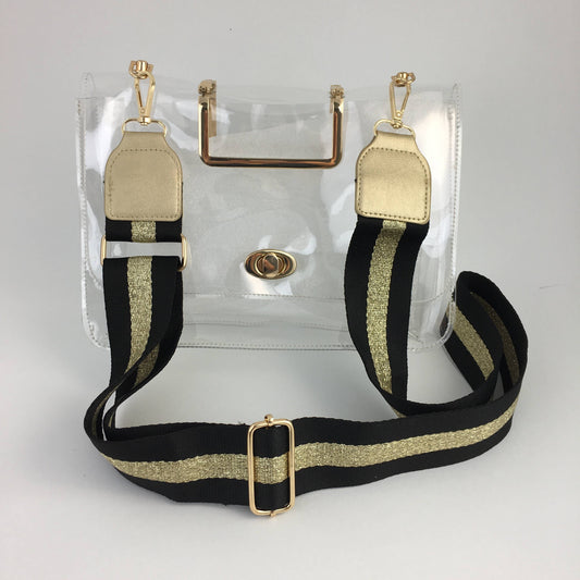 clear bag with black & gold strap