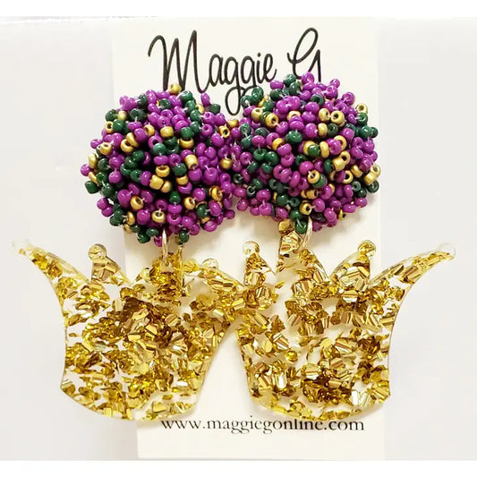 Crown, Gold Glitter, Mardi Gras, Acrylic Earrings Seed Bead