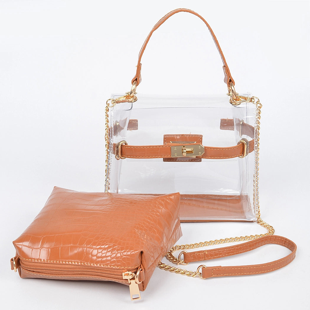 Transparent Handle Bag W/Faux Croc Purse