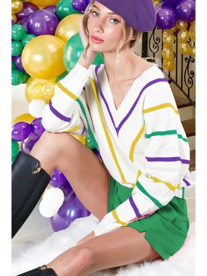 Mardi Gras V-Neck Sleeve Striped Sweater - The Season Boutique