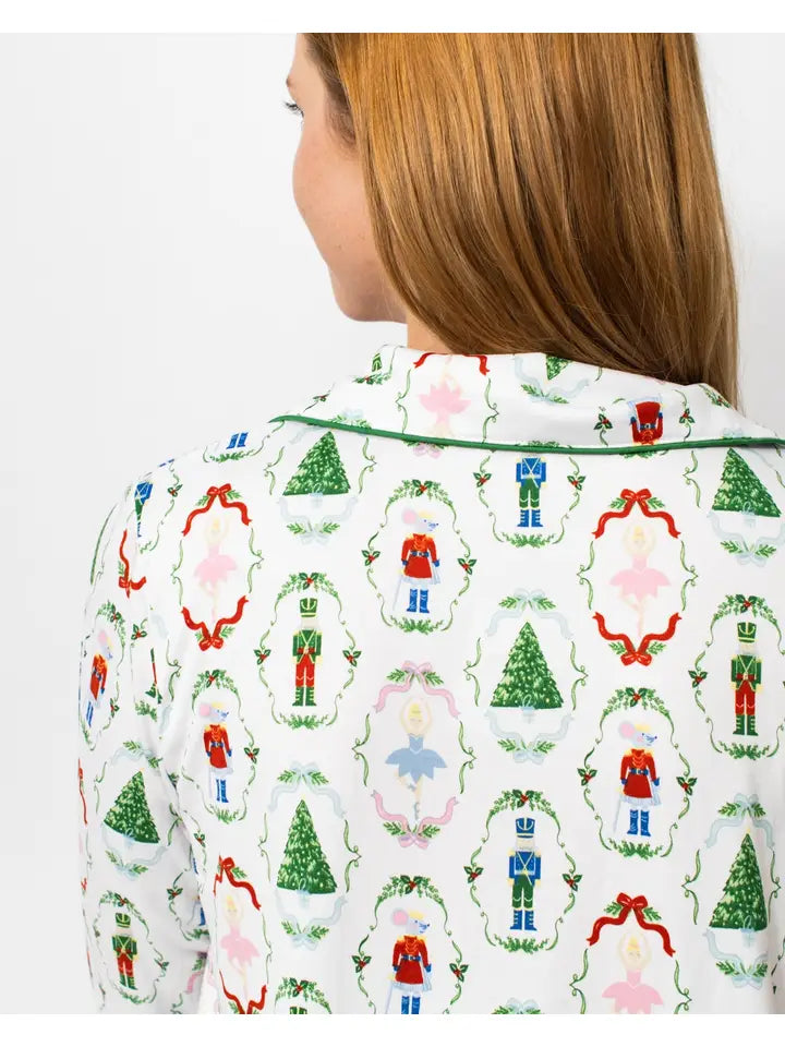 Nutcracker Waltz Long Sleeve Button Up Sleep Shirt White/Multi