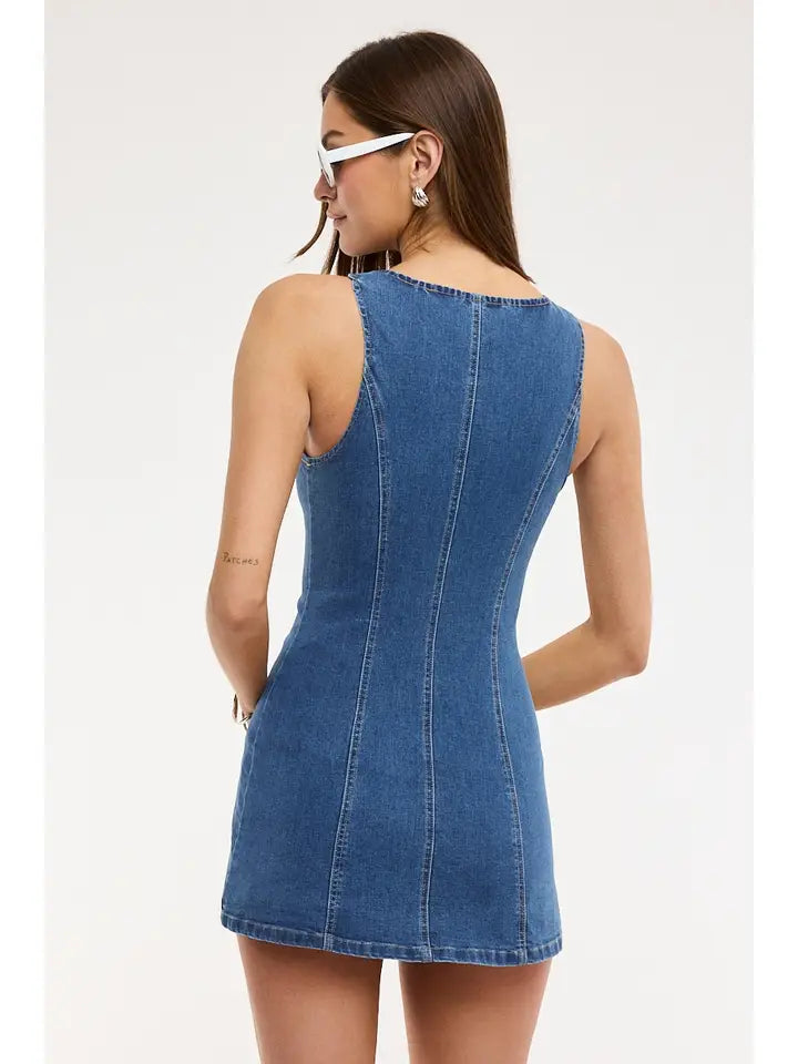 Denim Boat Neck Button Down Mini Dress - The Season Boutique