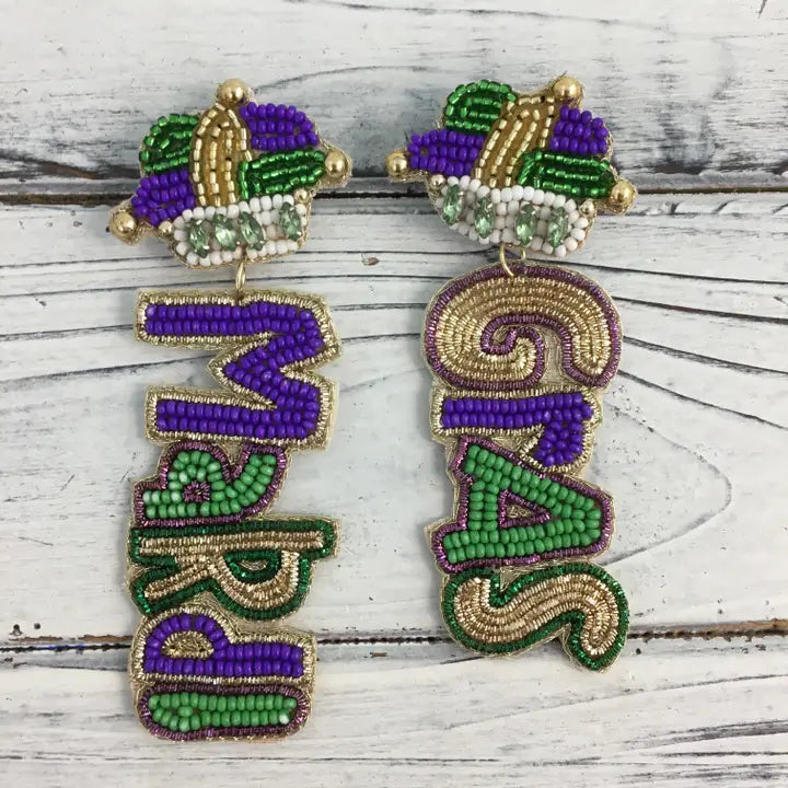 Beaded Mardi Gras Word/Crown Earrings