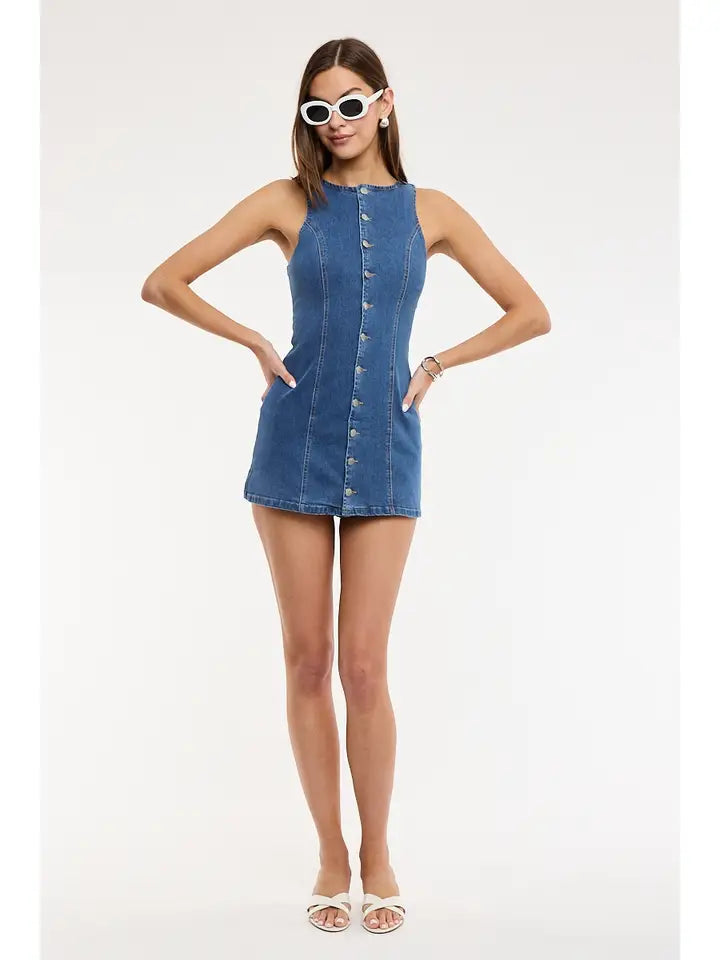 Denim Boat Neck Button Down Mini Dress - The Season Boutique