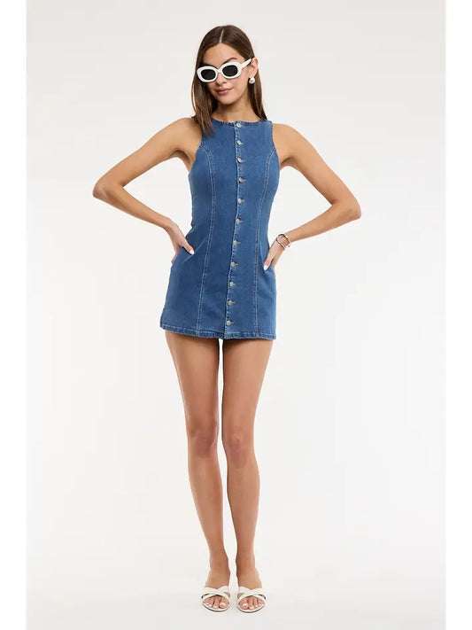 Denim Boat Neck Button Down Mini Dress