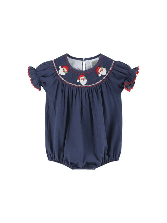 Navy Blue Santa Smocked Bubble Romper