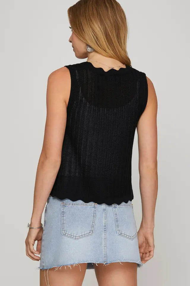 Sleeveless Scallop Front Tie Sweater Vest