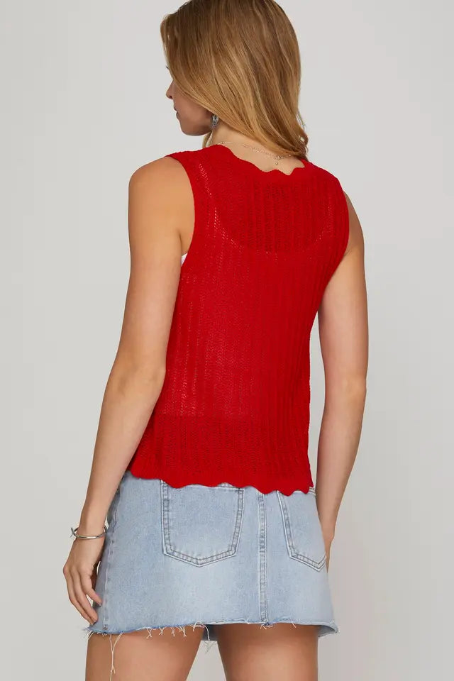 Red Scallop Front Tie Sweater Vest