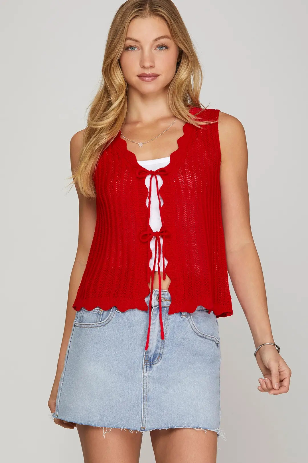 Red Scallop Front Tie Sweater Vest