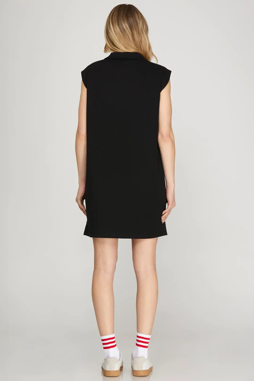 Sleeveless Polo Collar Half Zip Knit Mini Black - The Season Boutique