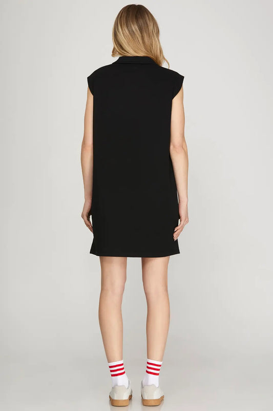 Sleeveless Polo Collar Half Zip Knit Mini Black - The Season Boutique