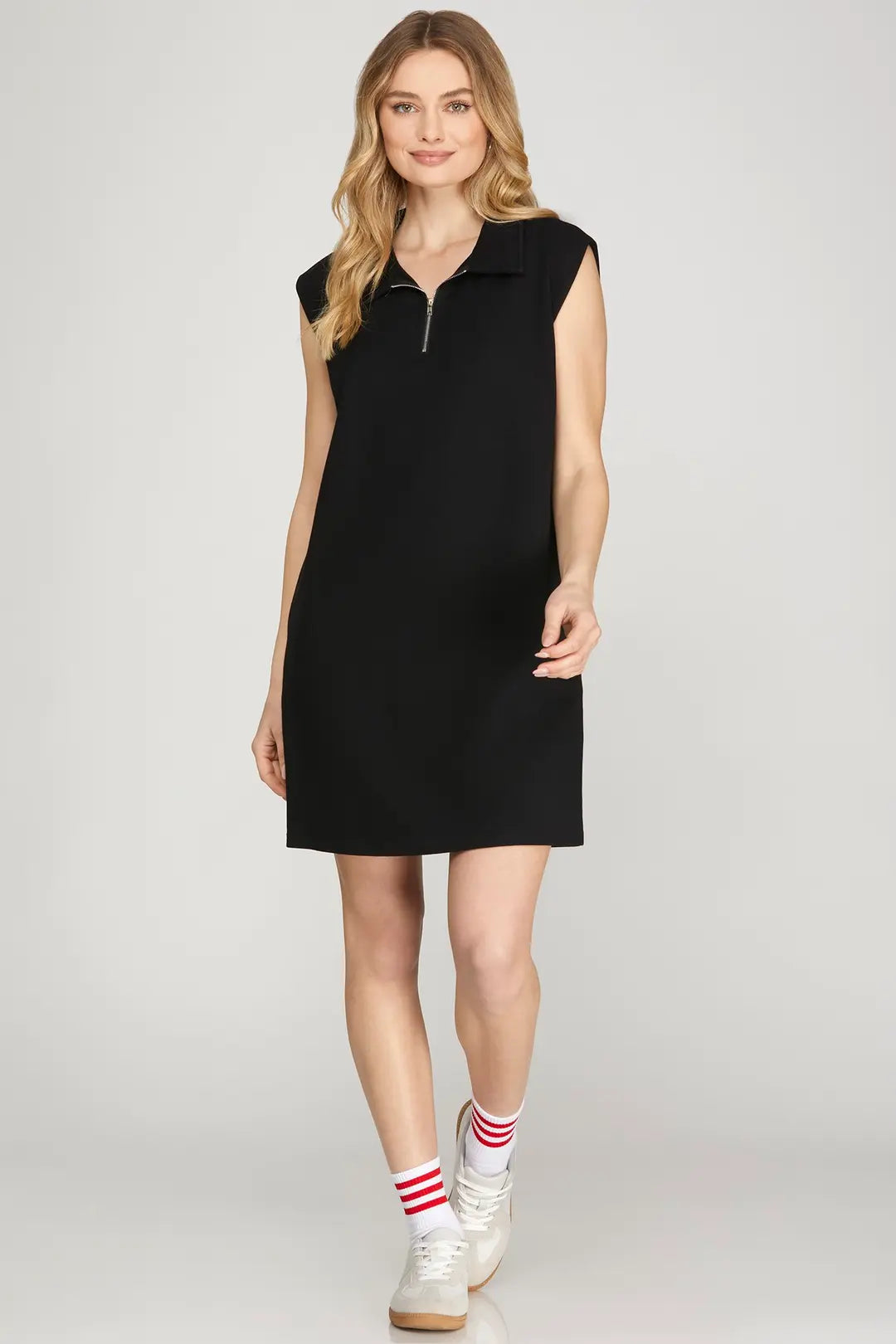 Sleeveless Polo Collar Half Zip Knit Mini Black - The Season Boutique
