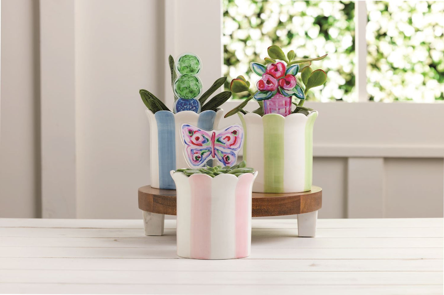 striped pot & plant stake set