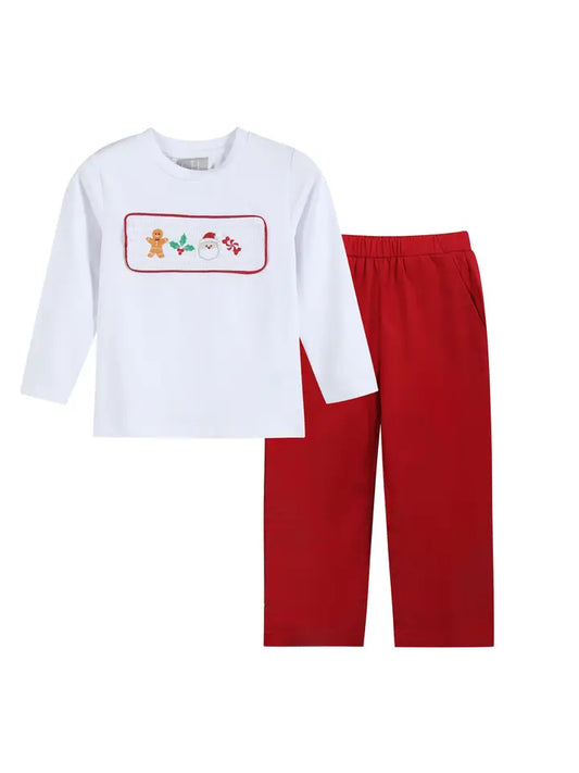 White Christmas Smocked Shirt and Red Corduroy Pants Set