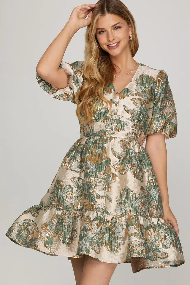 Short Puff Sleeve Jacquard Woven V Neck Dress