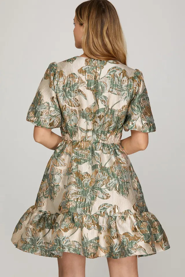 Short Puff Sleeve Jacquard Woven V Neck Dress