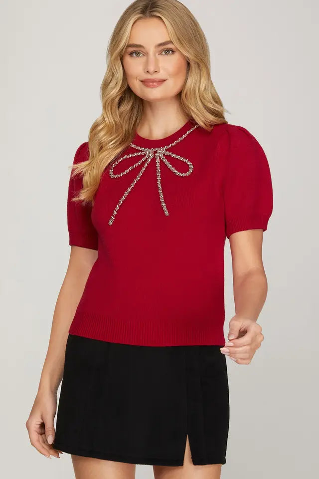 Half Sleeve Beaded Bow Sweater