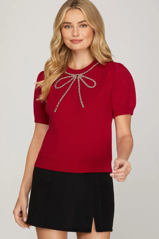 Half Sleeve Beaded Bow Sweater