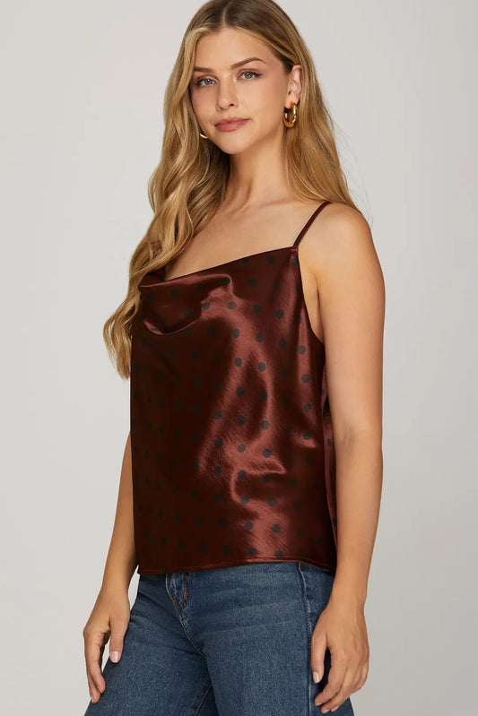 POLKA DOT SATIN COWL NECK CAMI TOP