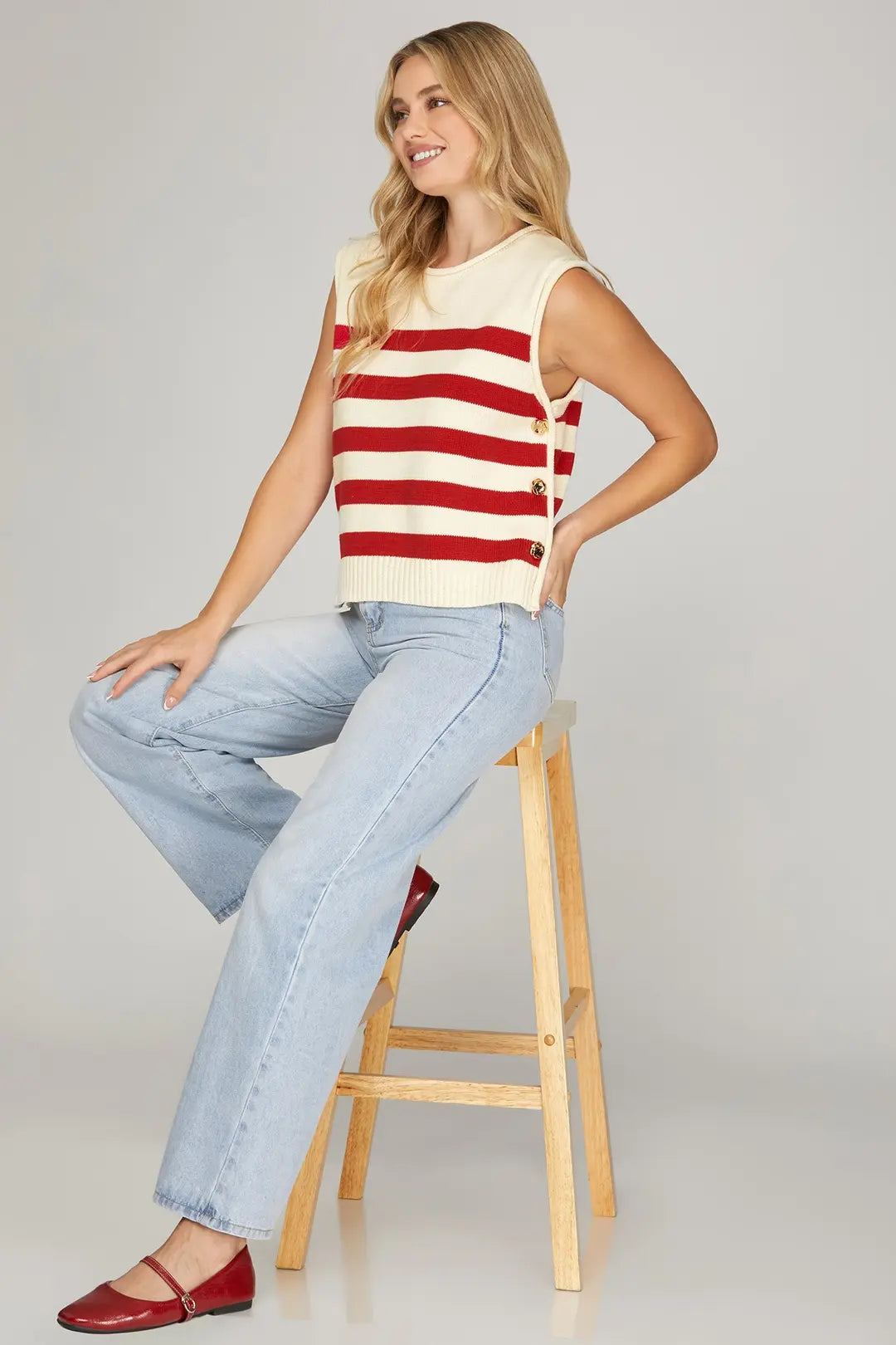 STRIPE SWEATER SIDE GOLD BUTTONS - The Season Boutique