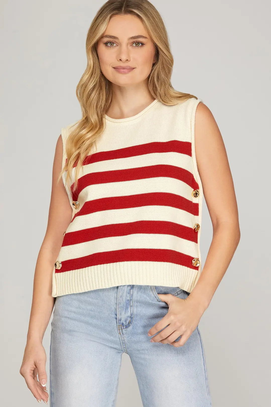 STRIPE SWEATER SIDE GOLD BUTTONS - The Season Boutique