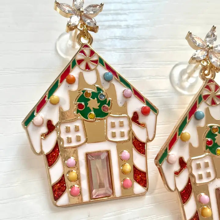 Colorful Gingerbread House Metal Christmas Earrings