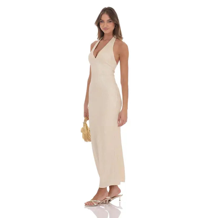 Crinkle Shimmer V-Neck Maxi Dress in Champagne