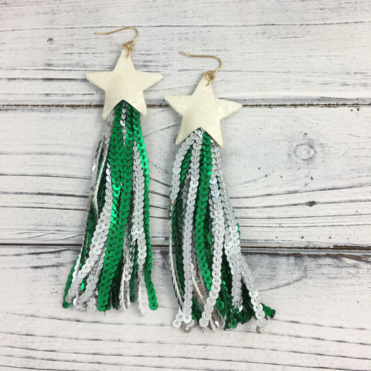 Star with Green Sequin Tassel Earrings - The Season Boutique