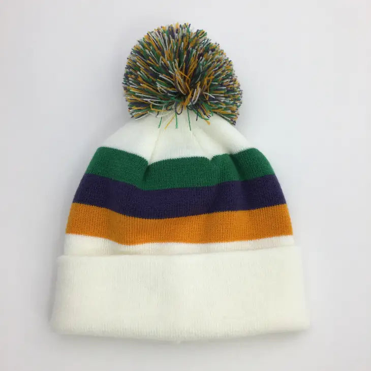 Mardi Gras Striped Beanie Hat W/Pompom White