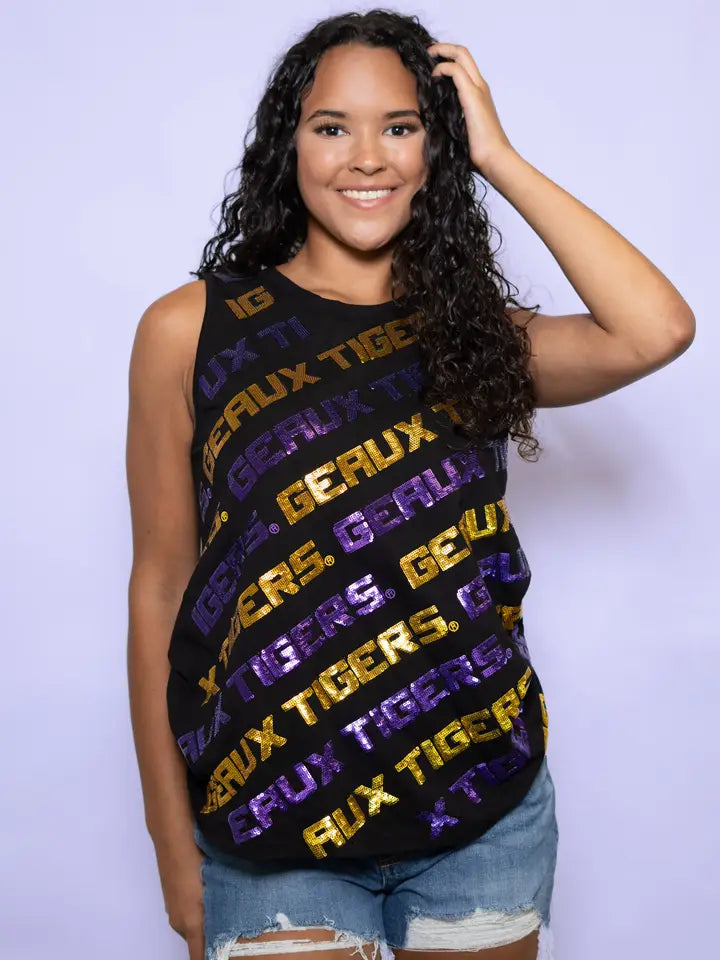LSU Geaux Tigers Varsity Block (Licensed) | Sequin Tee