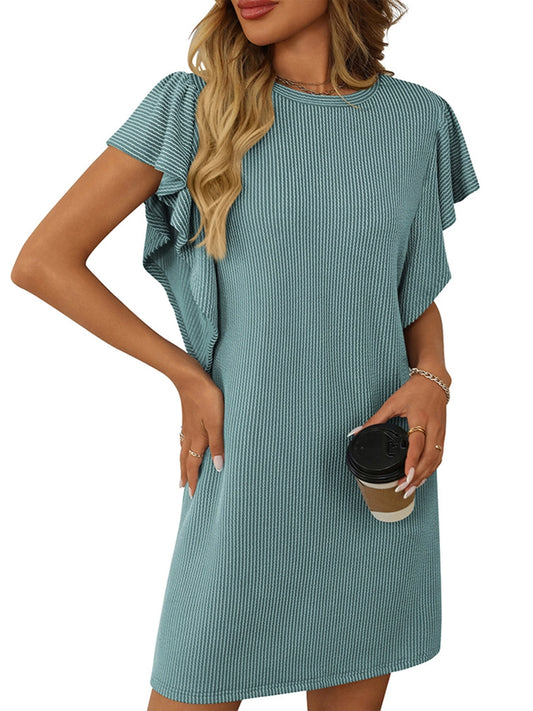 Striped Lotus Leaf Sleeve Dress - GREEN