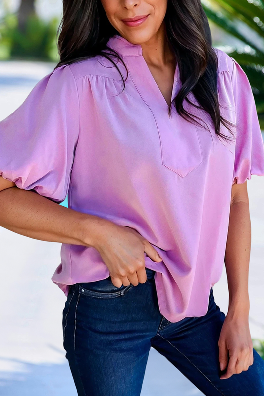 Solid V Neck Puff Short Sleeve Blouse - The Season Boutique