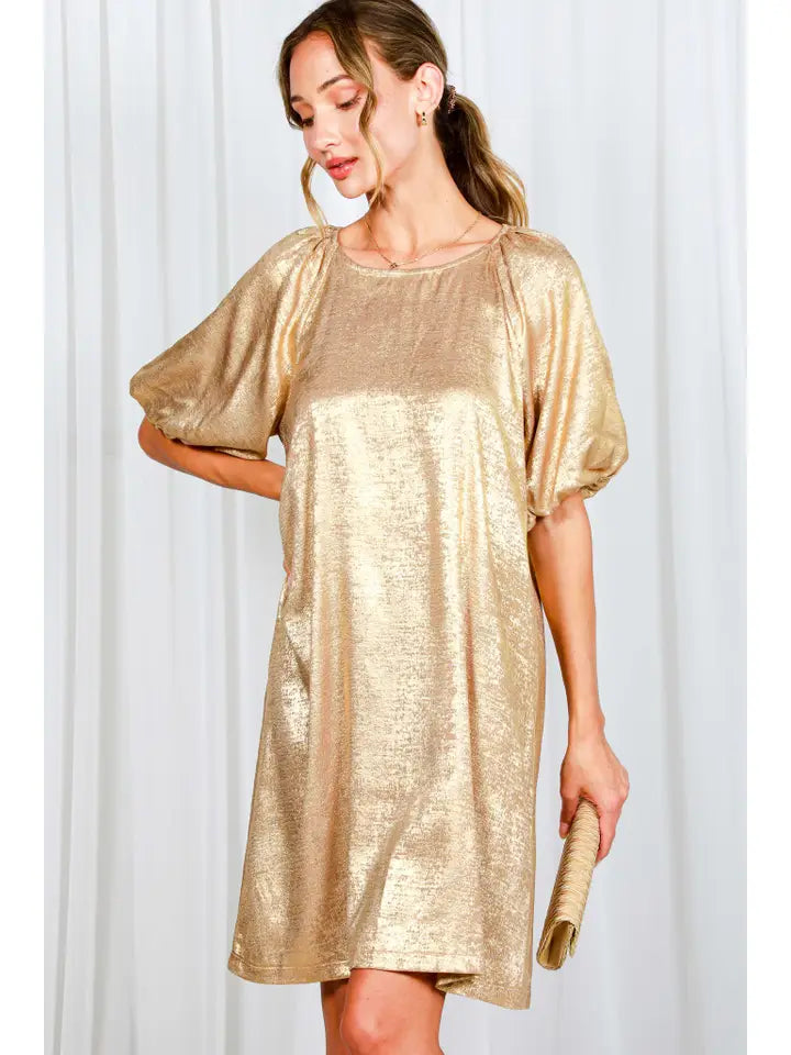 Boat Neck Metallic Foil A-Line Knee Dress
