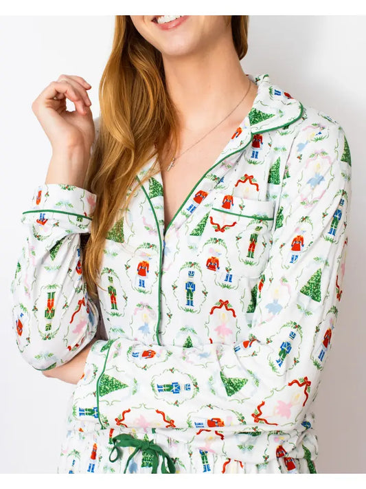 Nutcracker Waltz Long Sleeve Button Up Sleep Shirt White/Multi