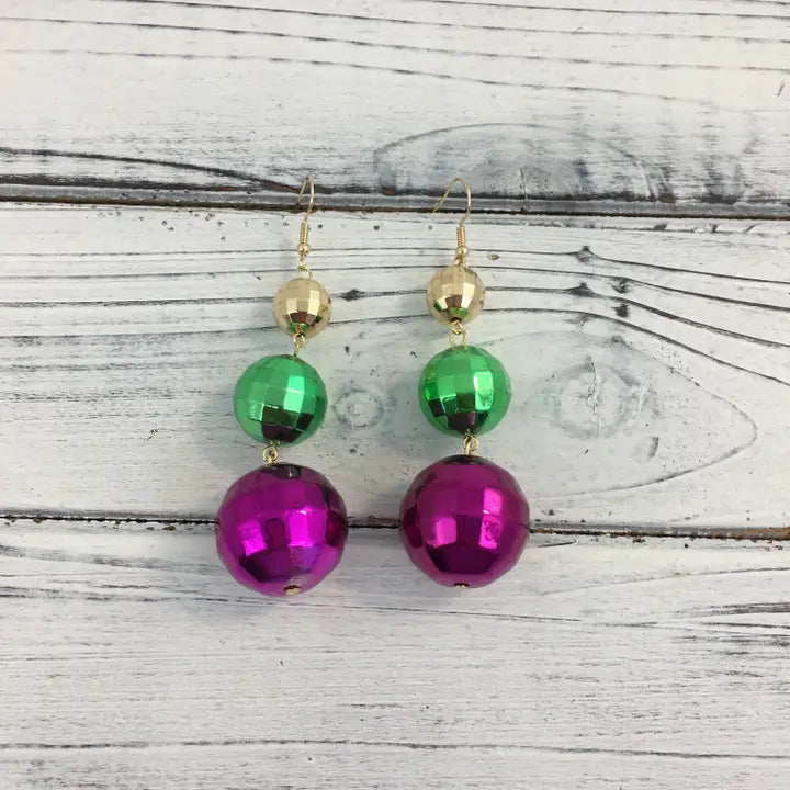 Mardi Gras Disco Ball Drop Earrings