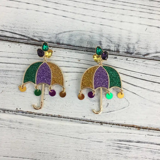 Mardi Gras Glitter Umbrella Earrings