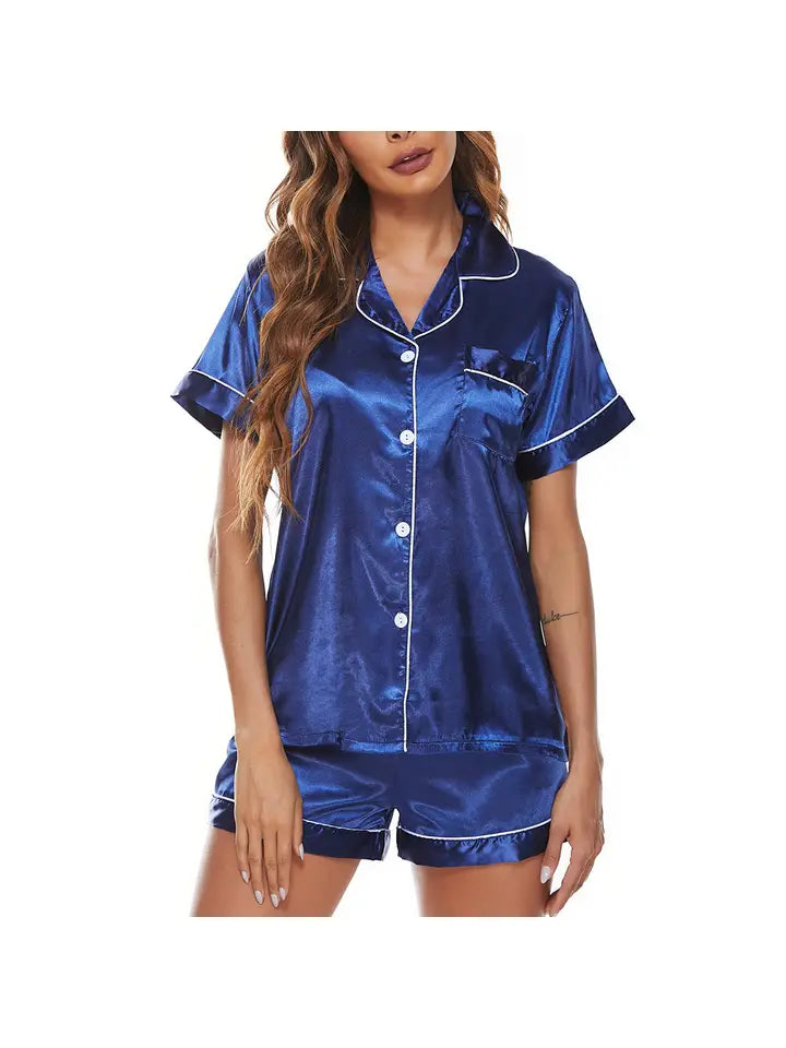 Blue Silk Satin Pajama Set