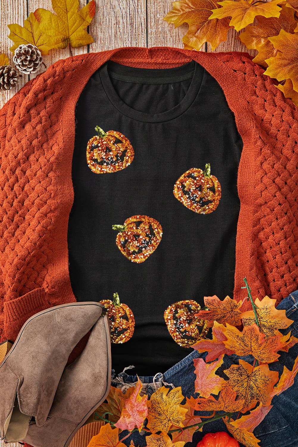 Sequin Pumpkin Face Top