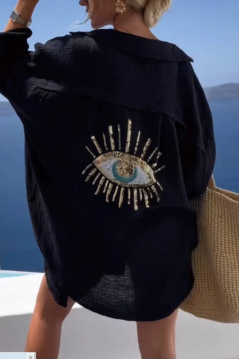 Eye Embellished Casual Blouse: WHITE