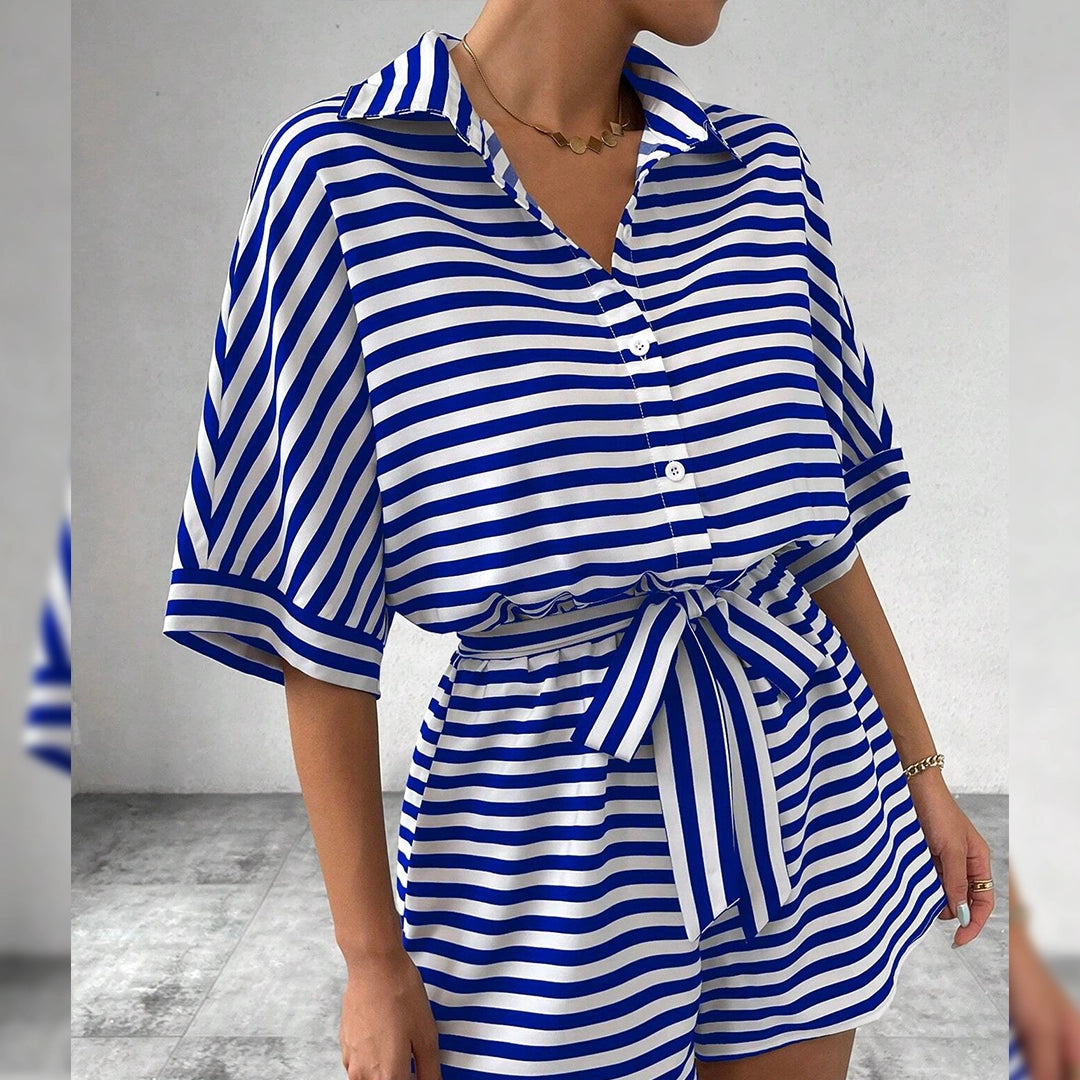 Striped Lapel Button-Up Belted Romper
