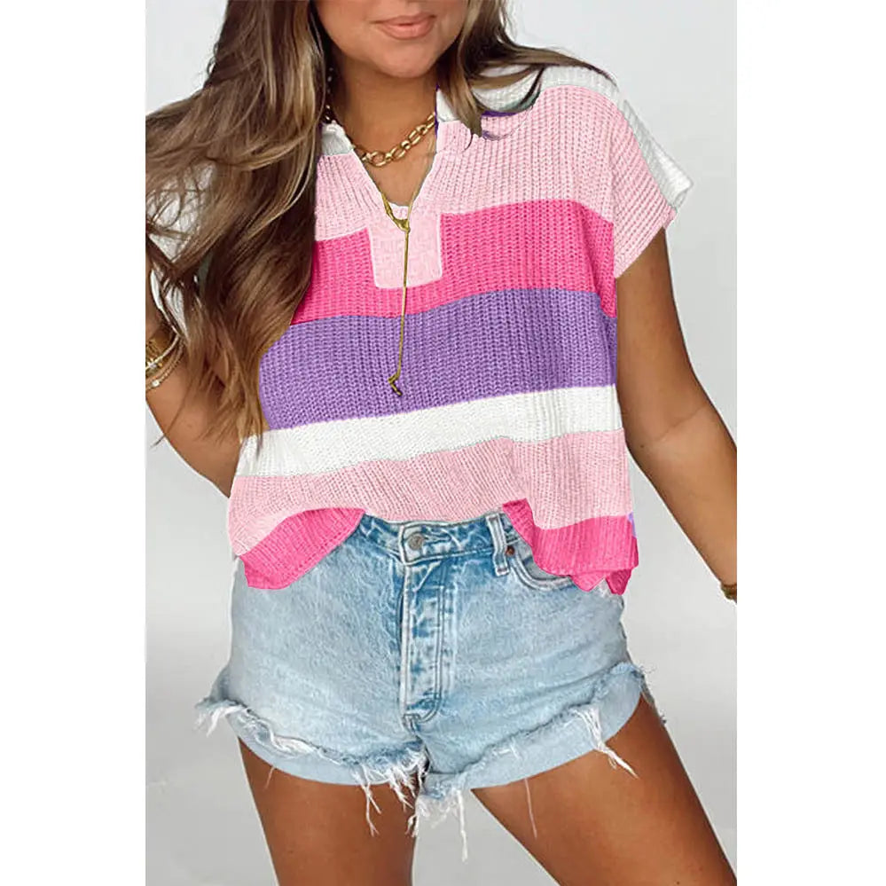 Colorblock Striped Knit Top Casual V Neck Short Sleeve Sweater Women - The Season Boutique