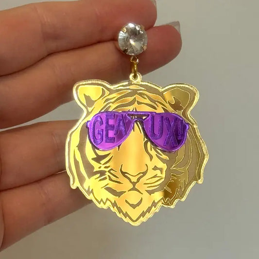 Gold Purple Acrylic Tiger Face Rockstar Geaux Earrings