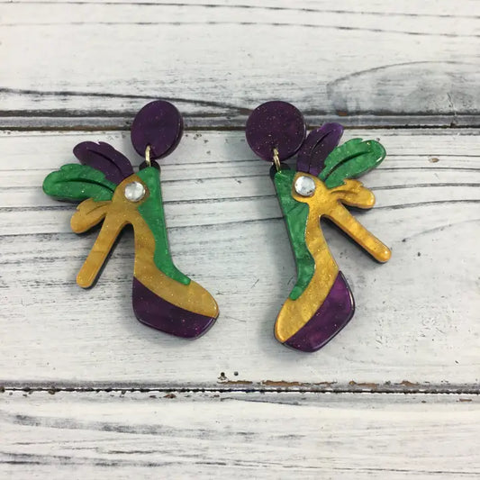 Mardi Gras Marble High Heel Shoe Earrings