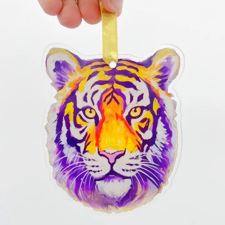 Purple and Gold Tiger Head Acrylic Ornament-Louisiana