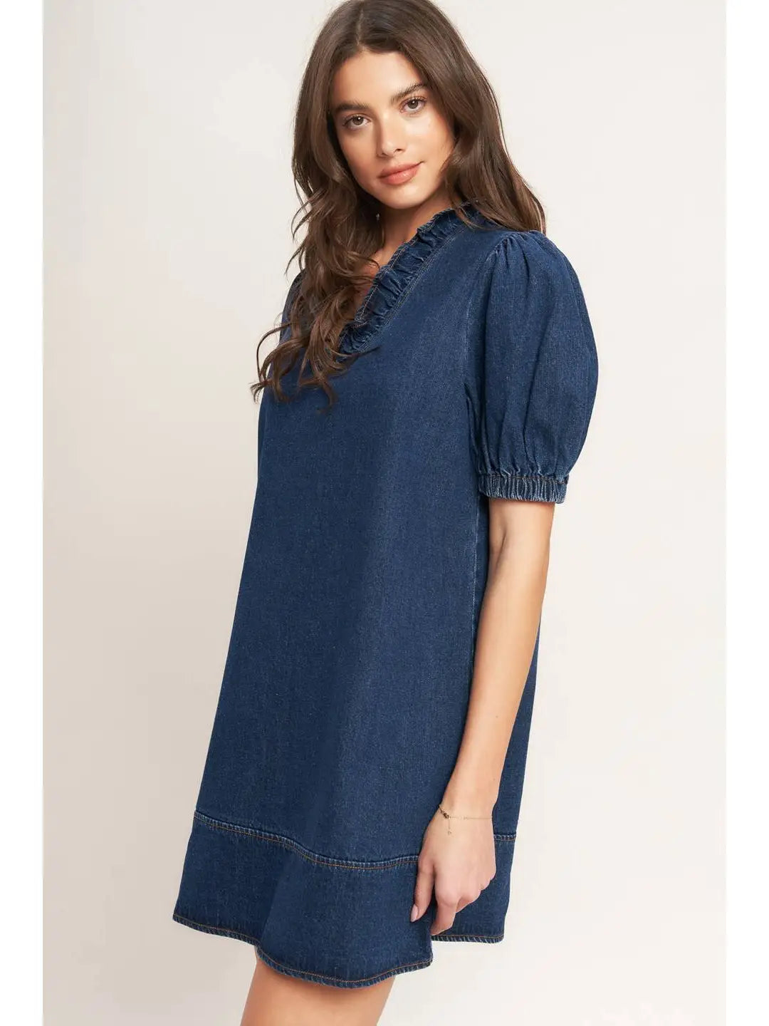 MODERN FOLK TOUCH DNIM MINI DRESS - The Season Boutique