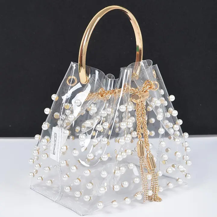 Clear Pearl Stud Bucket Bag W/Chain Tassel