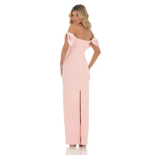 Off Shoulder Bow Sleeve Maxi Dress in Pink